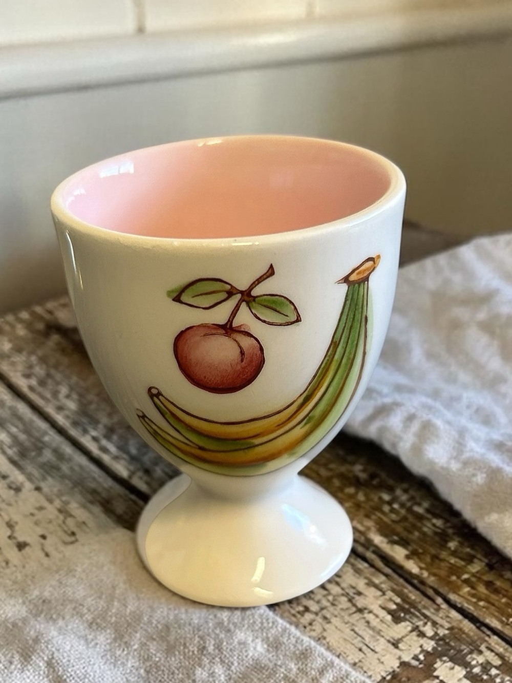 Vintage Hand-Painted Fruit Egg Cup – Pink Interior – Marked Japan